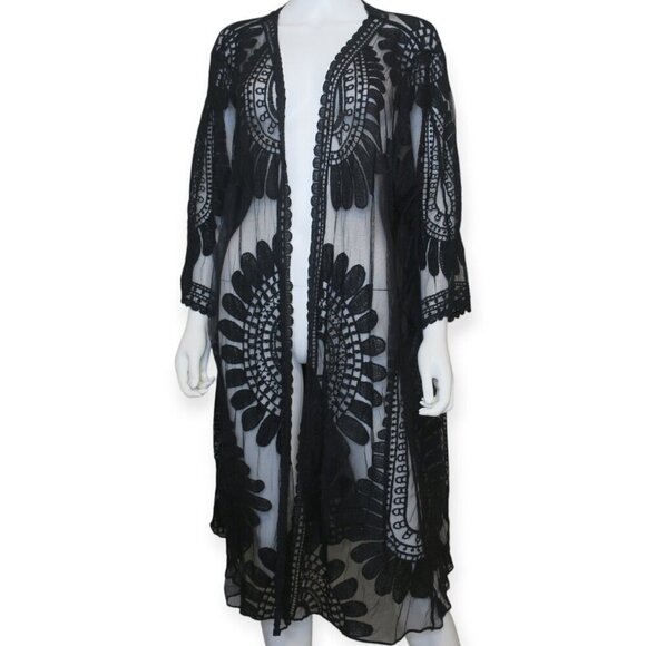 Lane Bryant Lace Kimono Cardigan Womens 26/28 Black Floral Sheer Cover Up Boho - Picture 4 of 7